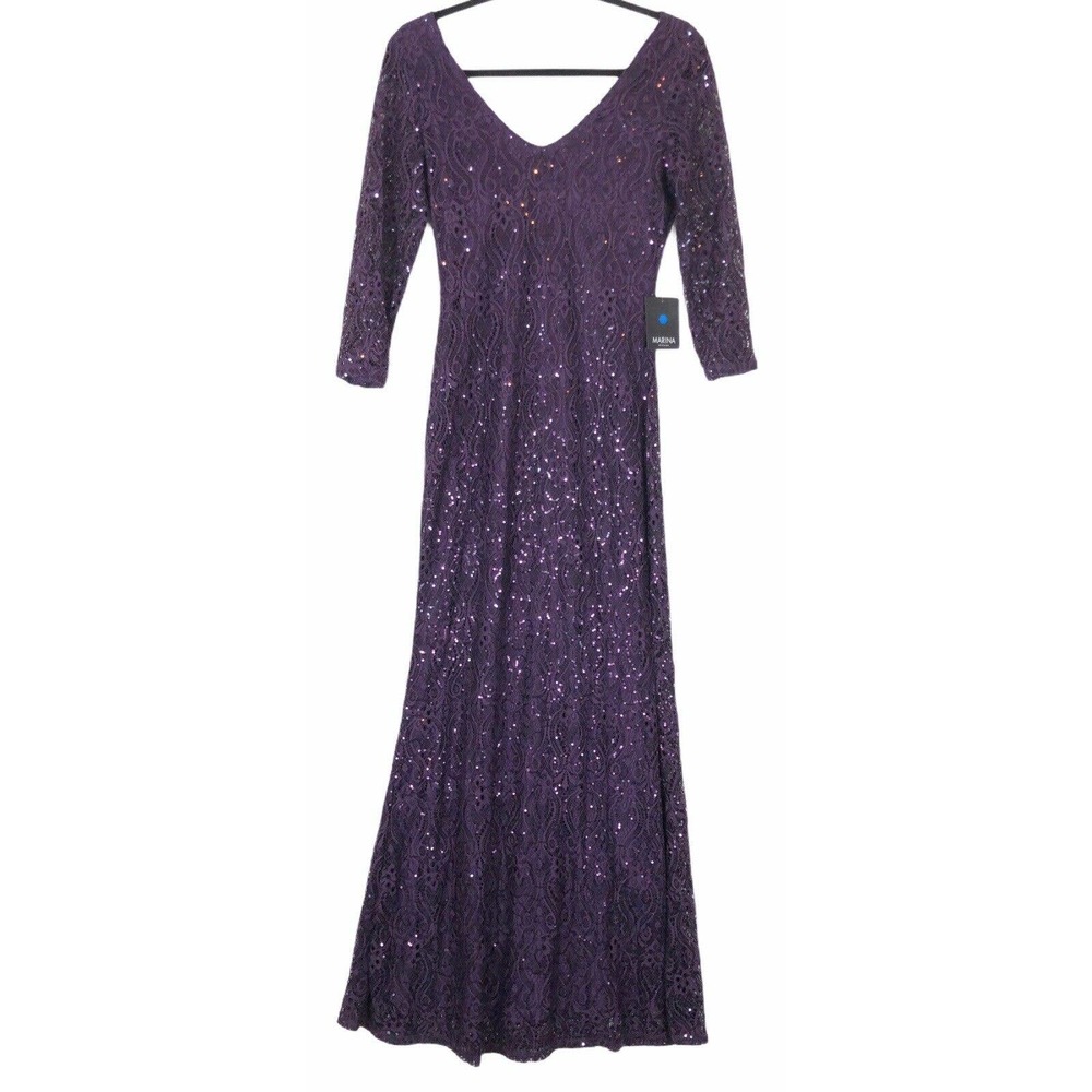 Marina dress v neck illusion sleeve lace gown